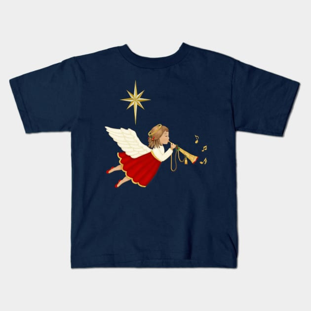 Christmas Trumpet Angel Kids T-Shirt by SpiceTree